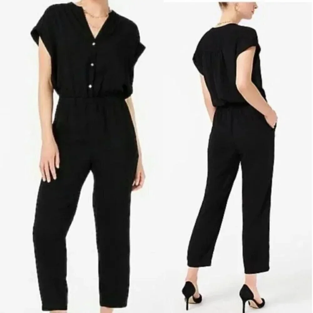 J. Crew Black V-neck Cuffed Short Sleeve Camp-Shirt Jumpsuit - 47207
